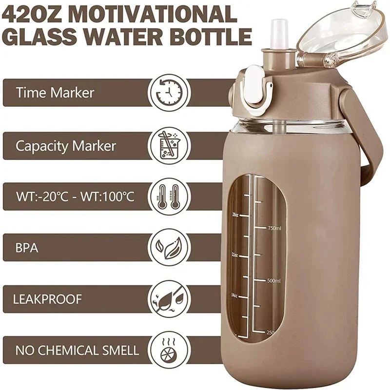 Home Gym Kettler - 1000ML glazen waterflessen met rietje, glazen