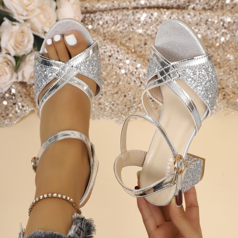 Ankle Strap Attachment - Vrouwen Blokhakken Sandalen Goud Sparkly Cross